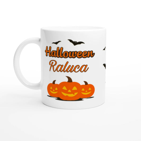 Cană Halloween personalizată cu numele Raluca, ceramică 325ml, vedere laterală stânga