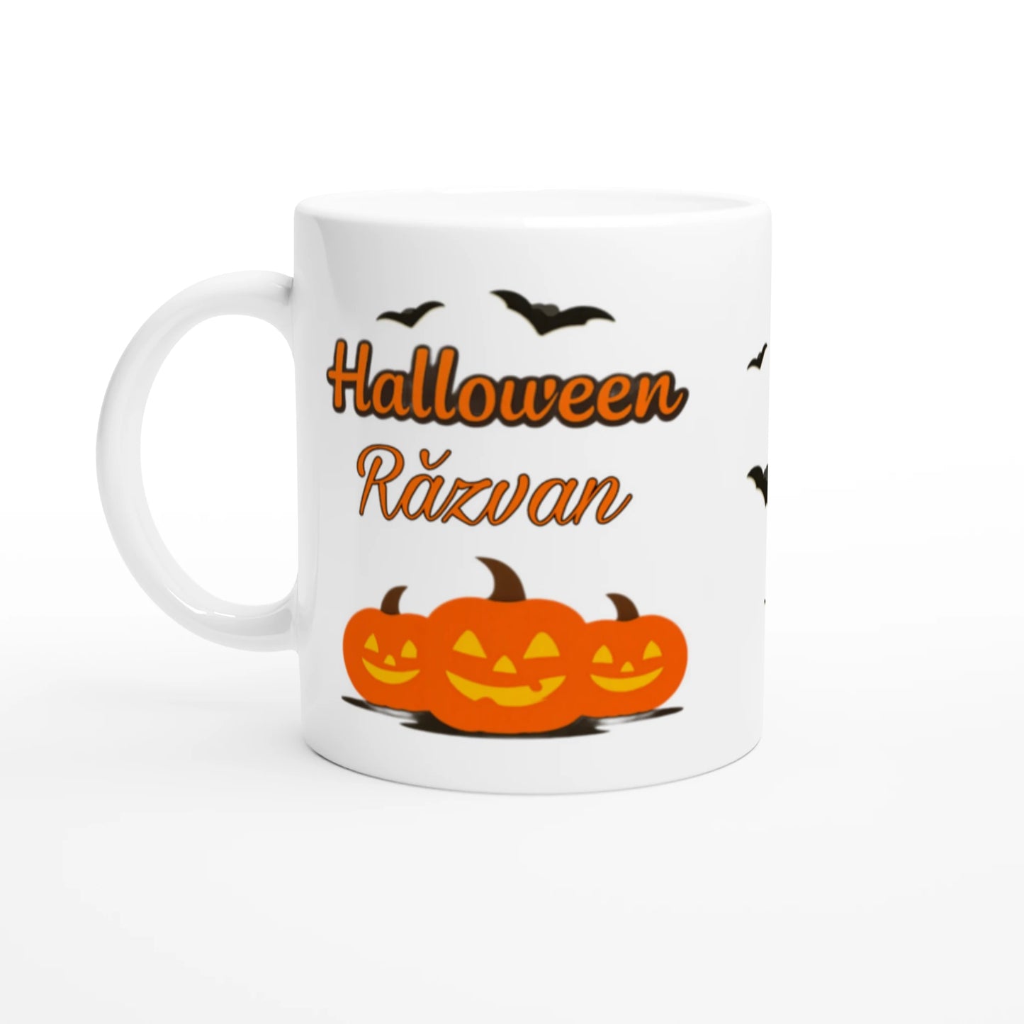 Cană Halloween personalizată cu numele Răzvan, ceramică 325ml, vedere laterală stânga