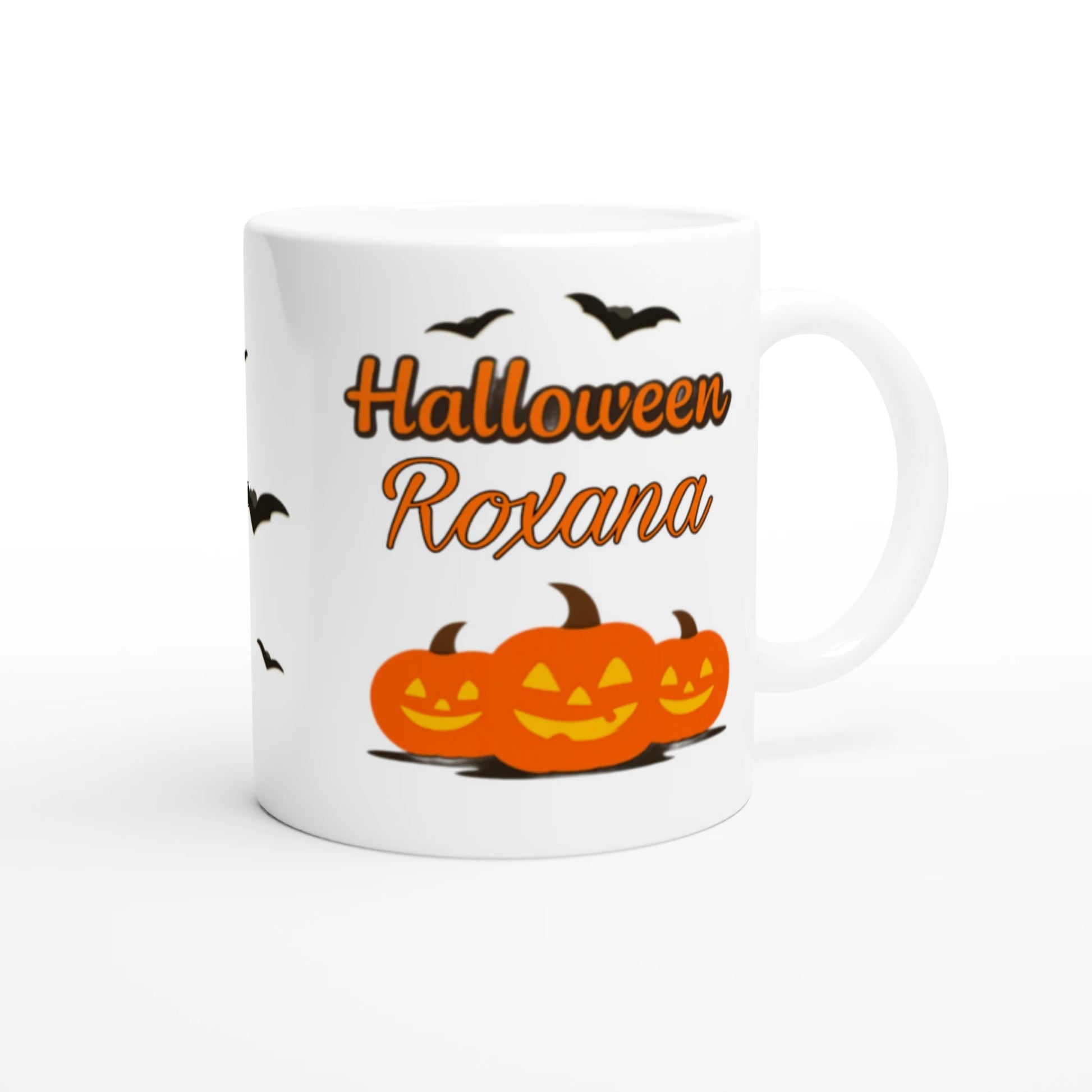 Cană Halloween personalizată cu numele Roxana, ceramică 325ml, vedere laterală dreapta