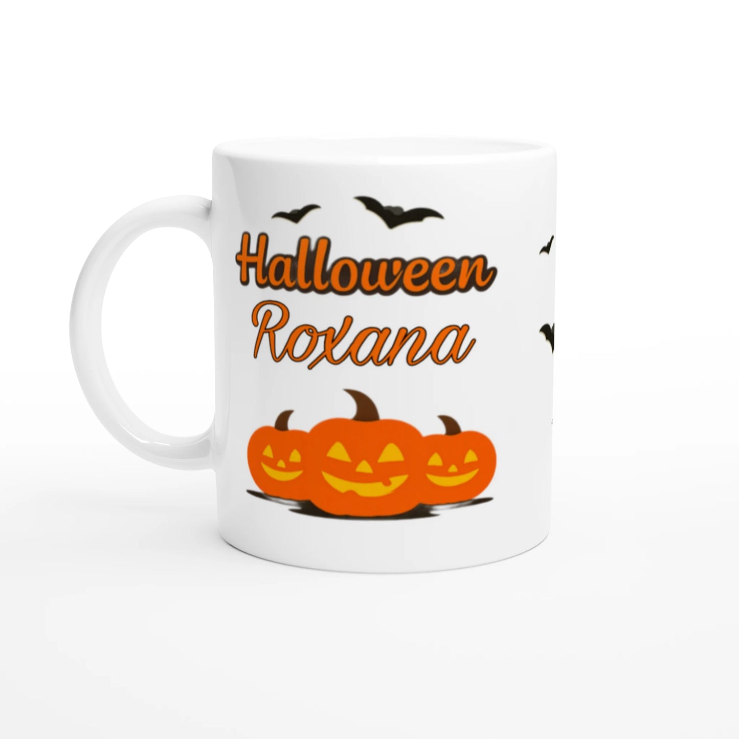 Cană Halloween personalizată cu numele Roxana, ceramică 325ml, vedere laterală stânga