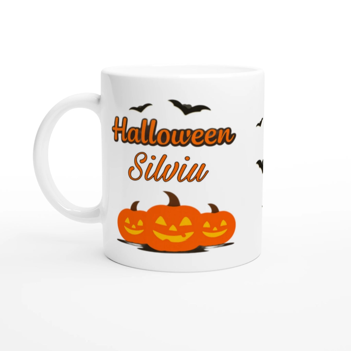 Cană Halloween personalizată cu numele Silviu, ceramică 325ml, vedere laterală stânga