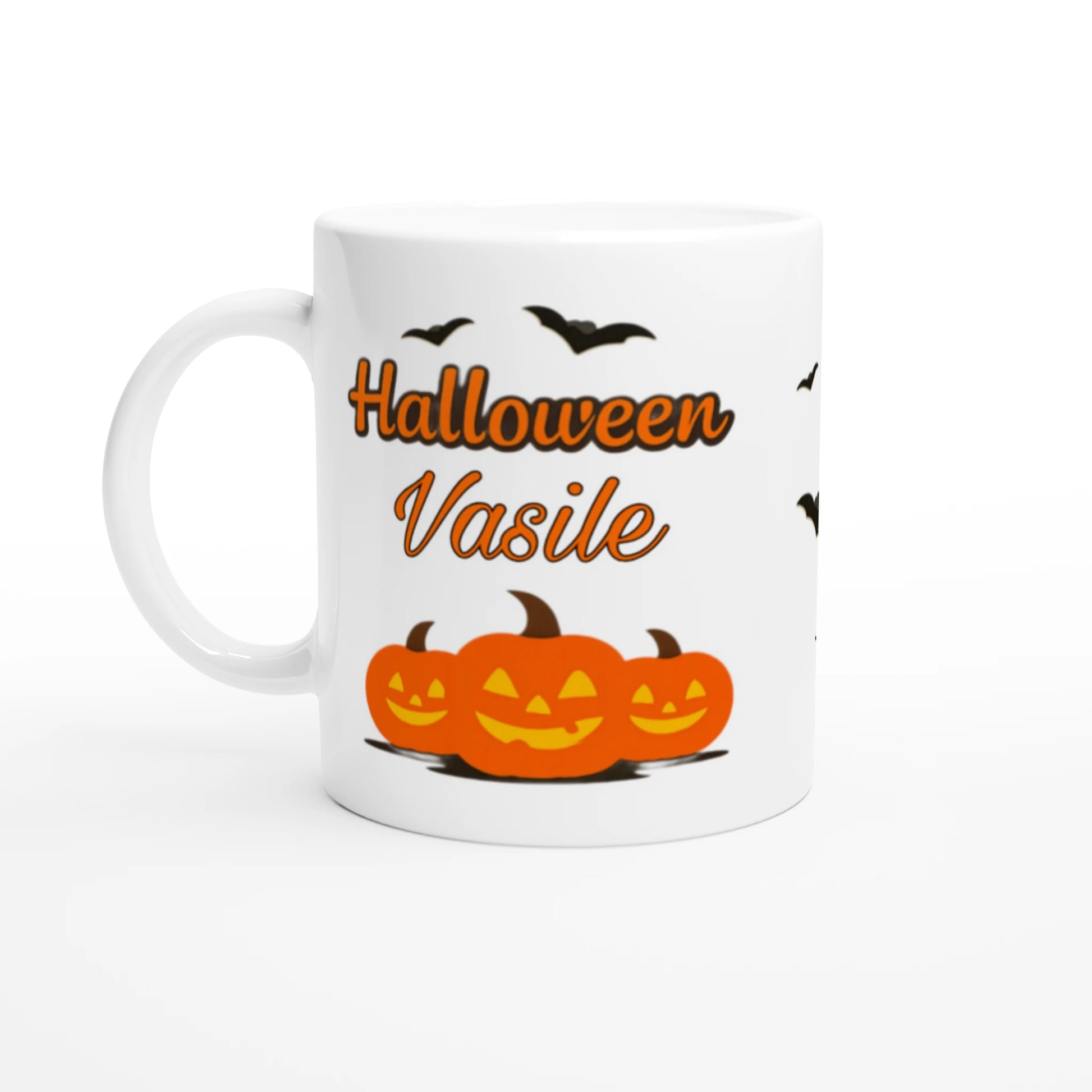 Cană Halloween personalizată cu numele Vasile, ceramică 325ml, vedere laterală stânga