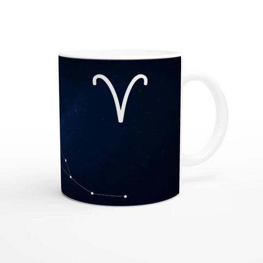 Cana zodiacală din ceramică 325 ml, vedere față, design vibrant dedicat zodiei Berbec