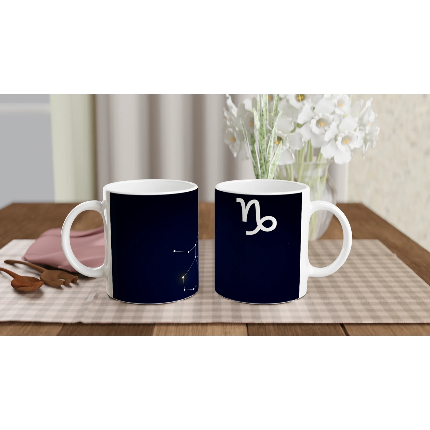 Două căni zodiacale din ceramică 325 ml, design sobru dedicat zodiei Capricorn