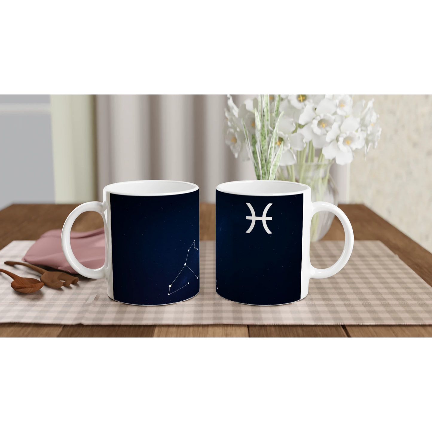 Două căni zodiacale din ceramică 325 ml, design eteric dedicat zodiei Pești