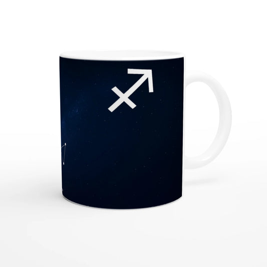 Cana zodiacală din ceramică 325 ml, vedere față, design dinamic dedicat zodiei Săgetător