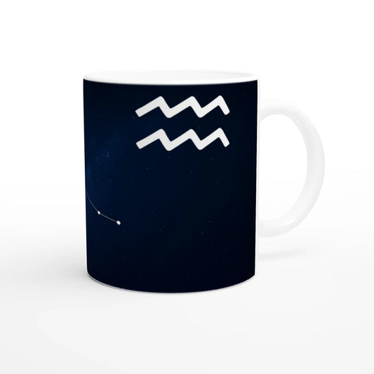 Cana zodiacală din ceramică 325 ml, vedere față, design unic dedicat zodiei Vărsător