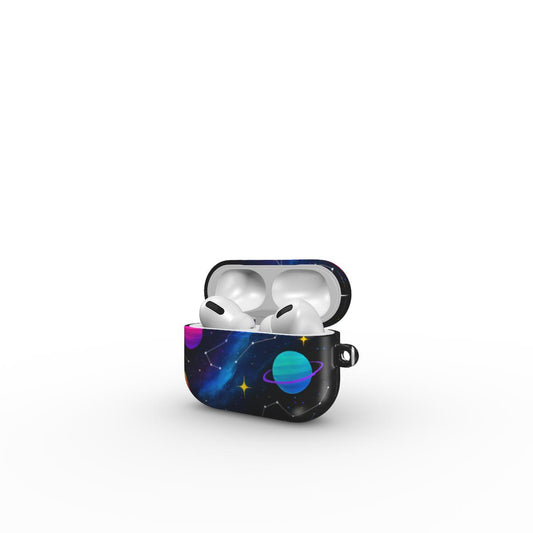 Carcasă durabilă pentru AirPods Pro, vedere față, design galactic cu planete și stele