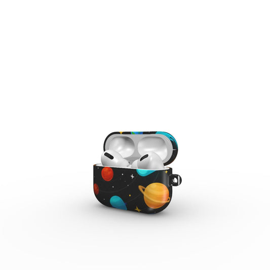 Carcasă ultra-rezistentă pentru AirPods Pro, vedere față, design cosmic cu planete și stele