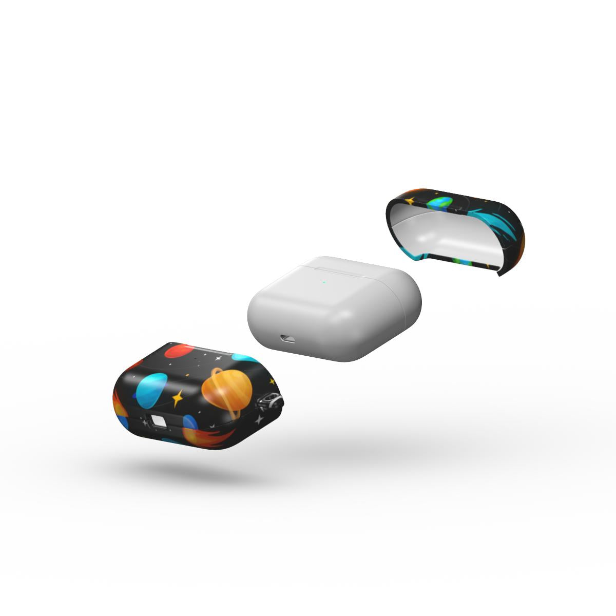 Carcasă ultra-rezistentă pentru AirPods Pro, vedere laterală, design cosmic cu planete și stele