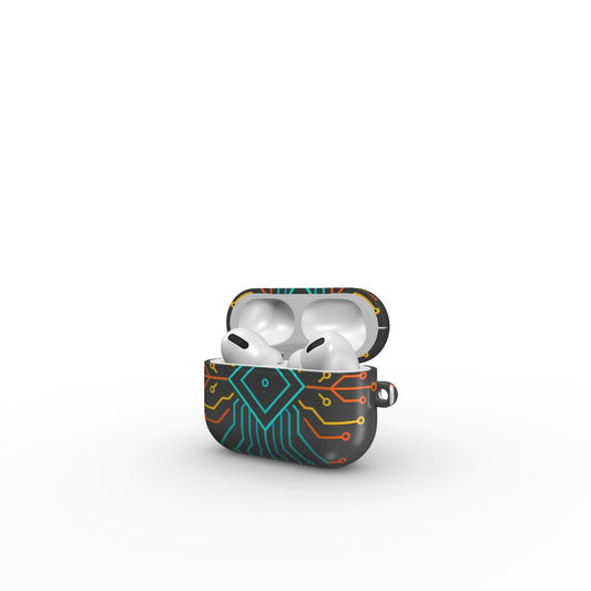 Carcasă ultra-rezistentă pentru AirPods Pro, vedere față, design tech cu circuite și culori vibrante