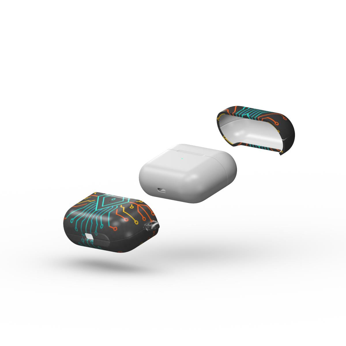 Carcasă ultra-rezistentă pentru AirPods Pro, vedere laterală, design tech cu circuite și culori vibrante