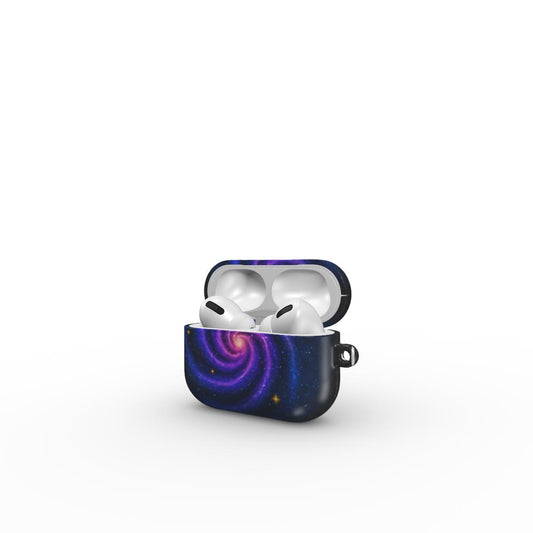 Carcasă ultra-rezistentă pentru AirPods Pro, vedere față, design cosmic mov cu galaxii și stele