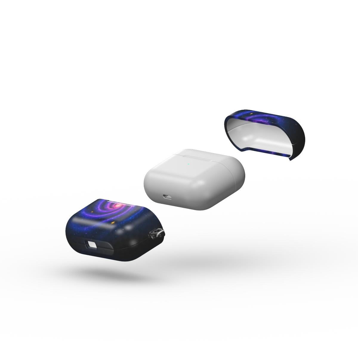 Carcasă ultra-rezistentă pentru AirPods Pro, vedere laterală, design cosmic mov cu galaxii și stele