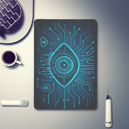 Mouse pad CyberEye pe birou, 23.5x19.7 cm, design tehnologic albastru