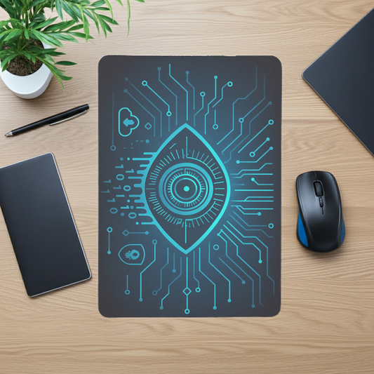 Mouse pad CyberEye pe birou cu accesorii, 23.5x19.7 cm, print neon albastru