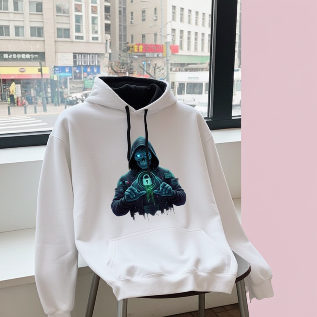 Hanorac Varsity JH003 în cadru urban, pe scaun, vizibil print Cyber Skull neon