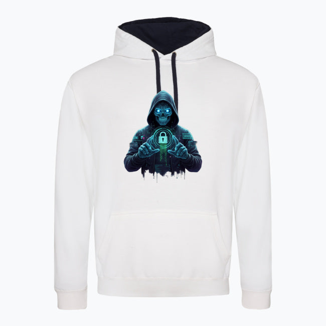 Hanorac unisex Varsity JH003 pe fundal alb, vedere frontală cu print Cyber Skull neon