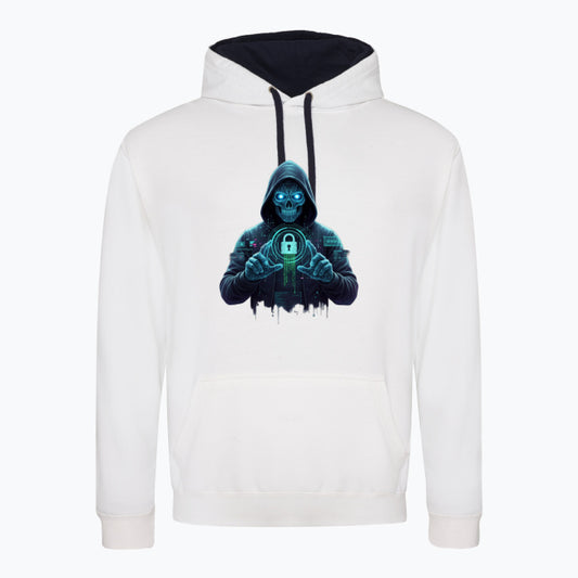 Hanorac unisex Varsity JH003 pe fundal alb, vedere frontală cu print Cyber Skull neon