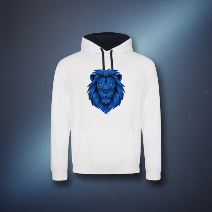 AWD Varsity JH003 hoodie outdoors, urban street style, visible geometric lion print and contrast hood