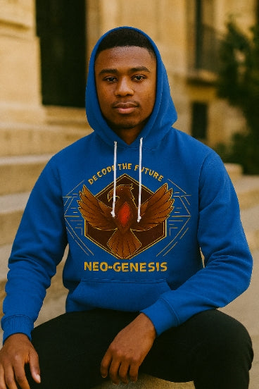 Model stând pe o bordură urbană purtând Hanorac Varsity JH003, vedere 3/4, print DECODE THE FUTURE / NEO‑GENESIS vizibil