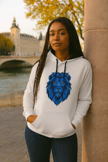 Modelă purtând Hanorac Varsity JH003 pe malul Senei, vedere full‑body, print leu geometric albastru și șnururi negre vizibile