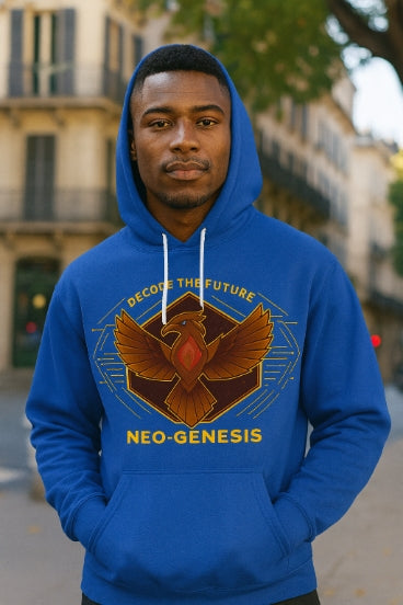 Model purtând Hanorac Varsity JH003 pe fundal urban, vedere full-body, print DECODE THE FUTURE / NEO‑GENESIS vizibil