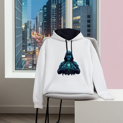 Detaliu print Cyber Skull pe Hanorac JH003, textură cotton-faced și contur neon