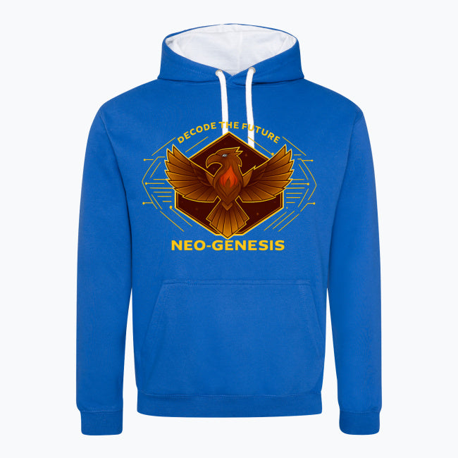 Hanorac Varsity JH003 pe fundal alb, vedere frontală, detaliu print DECODE THE FUTURE / NEO‑GENESIS