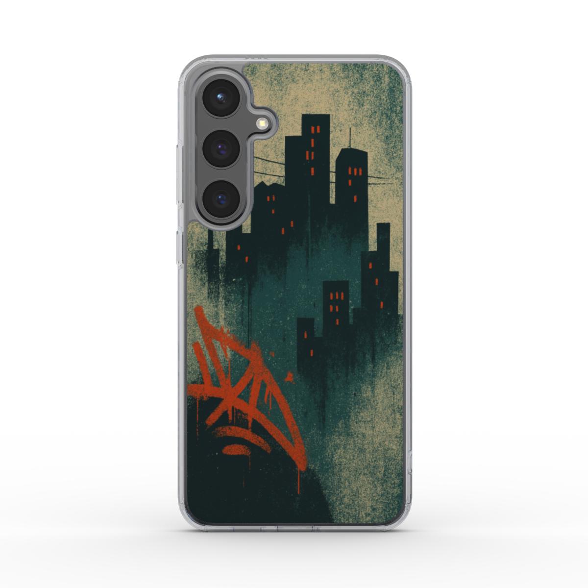 Husă transparentă Galaxy, vedere spate, design street-art cu graffiti roșu-portocaliu