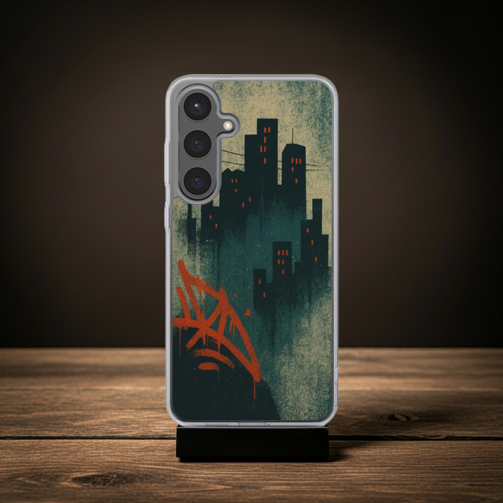 Husă transparentă Galaxy, vedere spate, design street-art cu graffiti roșu-portocaliu