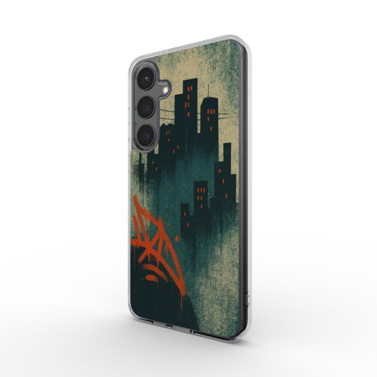 Husă transparentă Galaxy, vedere față, design street-art cu graffiti roșu-portocaliu