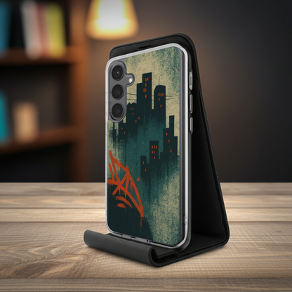 Husă transparentă Galaxy, vedere față, design street-art cu graffiti roșu-portocaliu