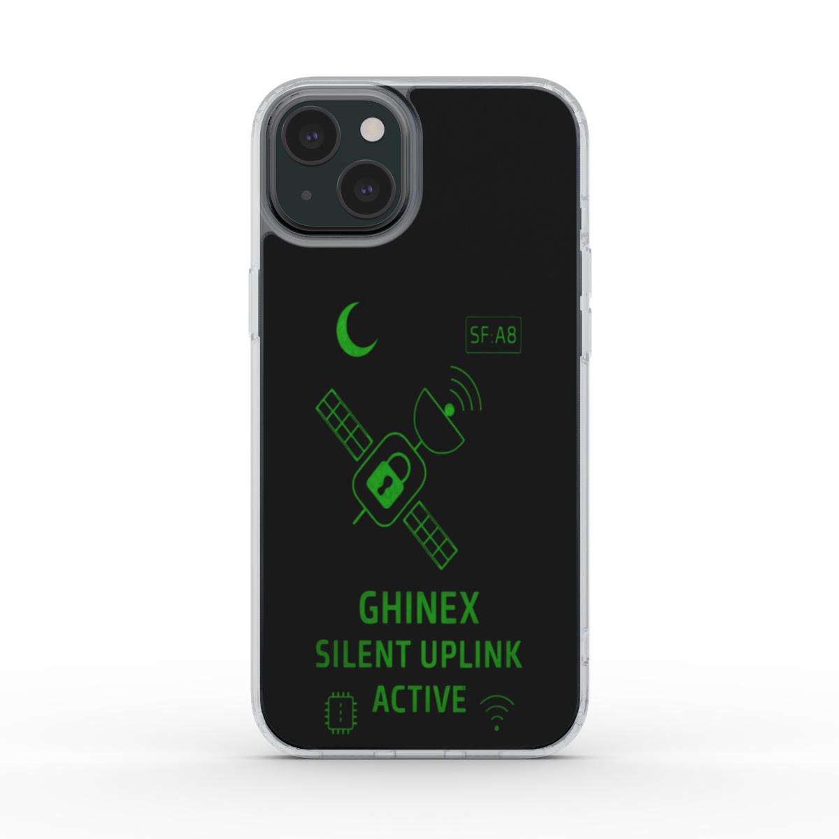Husă transparentă GHINEX: Silent Uplink pentru iPhone, vedere spate, design futurist cu satelit și accente verzi