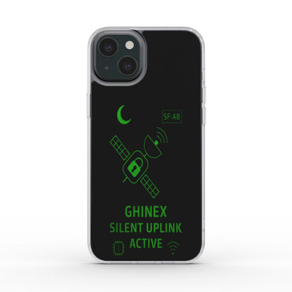 Husă transparentă GHINEX: Silent Uplink pentru iPhone, vedere spate, design futurist cu satelit și accente verzi