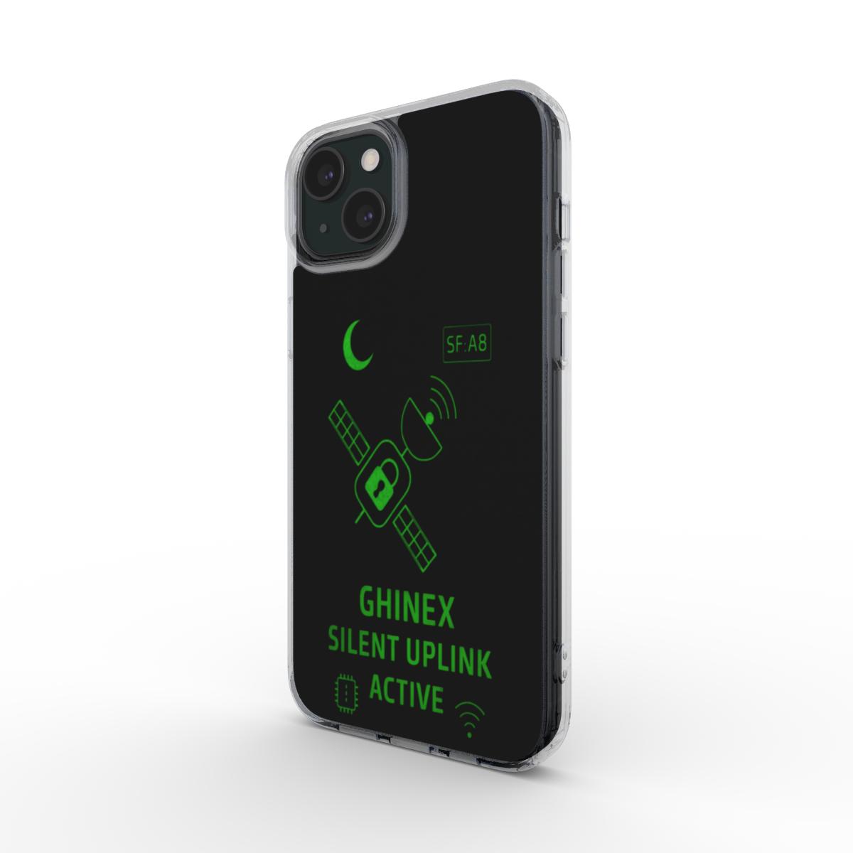 Husă transparentă GHINEX: Silent Uplink pentru iPhone, vedere față, design futurist cu satelit și accente verzi