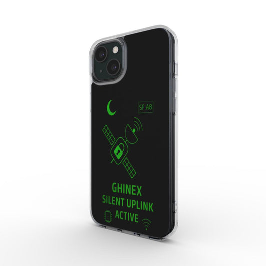 Husă transparentă GHINEX: Silent Uplink pentru iPhone, vedere față, design futurist cu satelit și accente verzi