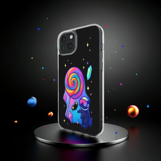 Husă Clear iPhone – vedere laterală cu design cosmic și profil slim