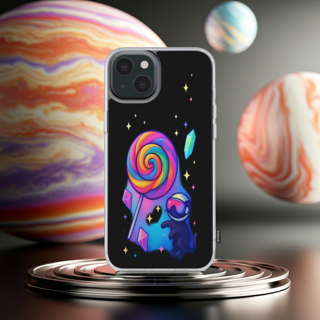 Husă Clear iPhone – vedere din spate cu pisică spațială și acadea multicoloră