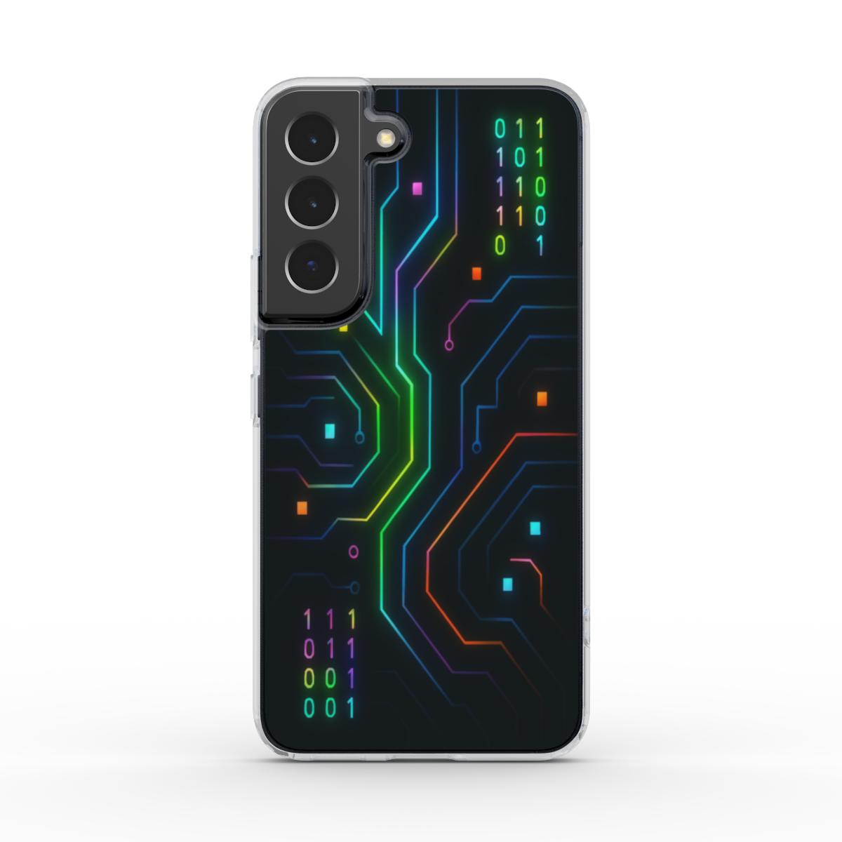 Husă transparentă Galaxy, vedere spate, design tech cu circuite electronice și linii neon