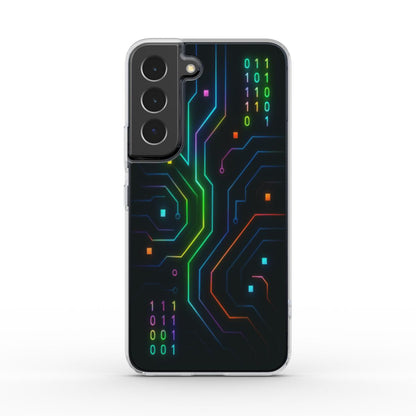 Husă transparentă Galaxy, vedere spate, design tech cu circuite electronice și linii neon