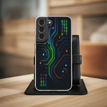 Husă transparentă Galaxy, vedere spate, design tech cu circuite electronice și linii neon