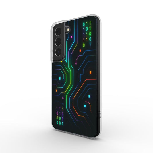 Husă transparentă Galaxy, vedere față, design tech cu circuite electronice și linii neon