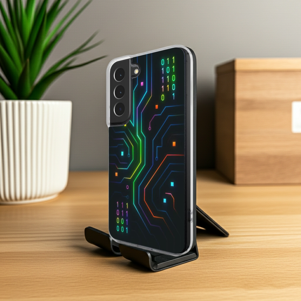 Husă transparentă Galaxy, vedere față, design tech cu circuite electronice și linii neon