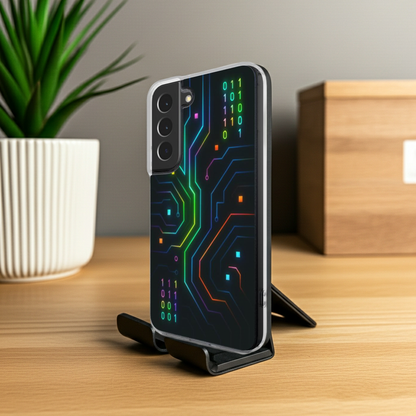 Husă transparentă Galaxy, vedere față, design tech cu circuite electronice și linii neon