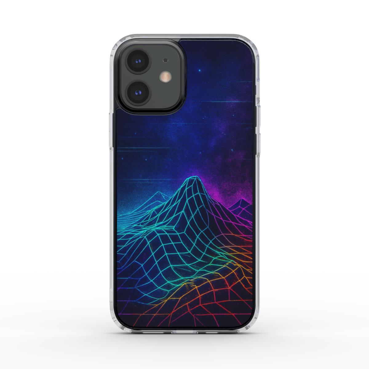 Husă transparentă Neon Horizon pentru iPhone, vedere spate, design digital wave futurist
