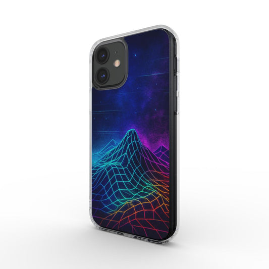 Husă transparentă Neon Horizon pentru iPhone, vedere laterala, design digital wave futurist 