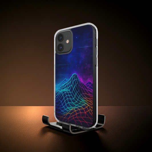 Husă transparentă Neon Horizon pentru iPhone, vedere laterala, design digital wave futurist 