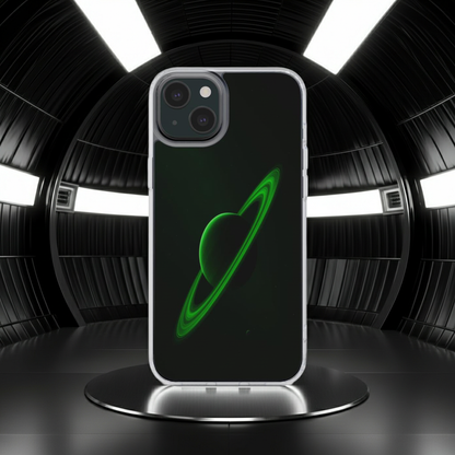 Husă Cosmic Green Planet pentru iPhone vedere spate cu design planetă verde și inele