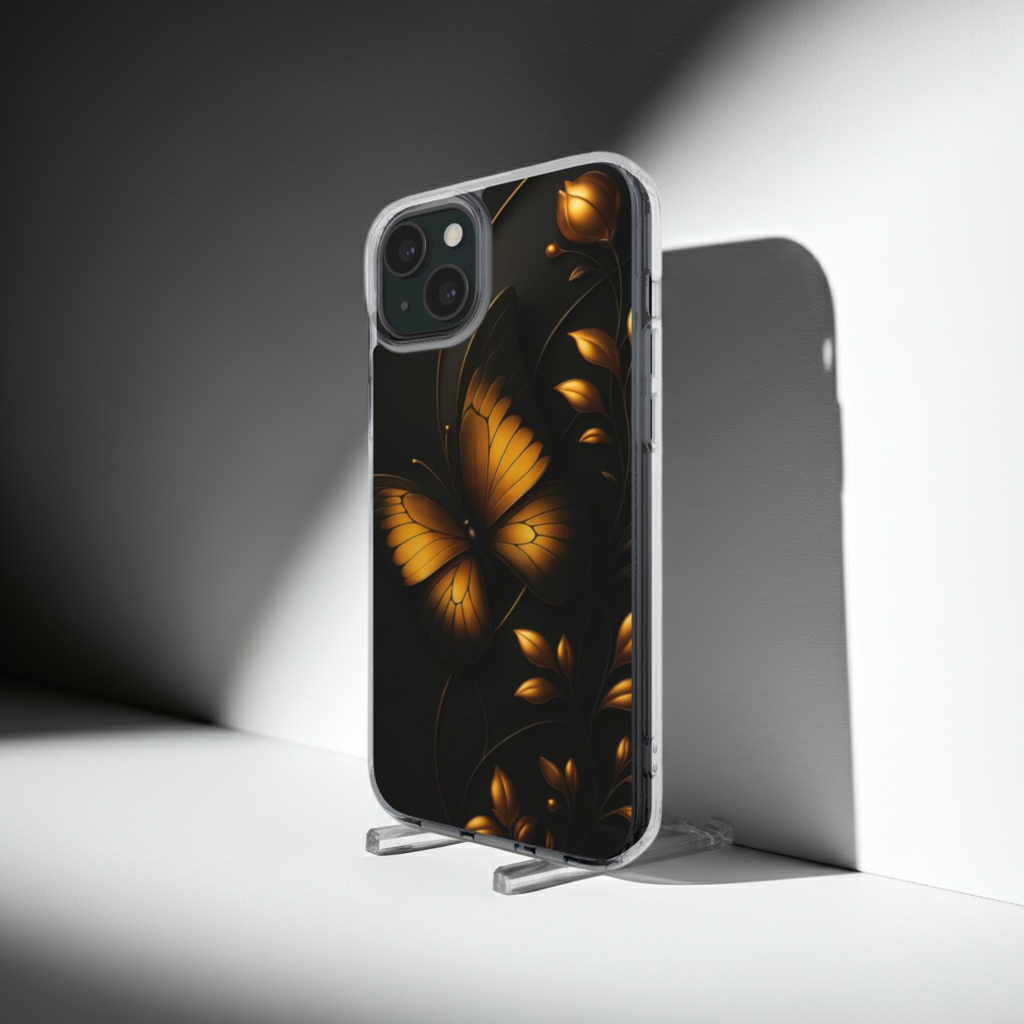 Husă iPhone transparentă cu design fluture auriu și elemente florale, vedere laterală
